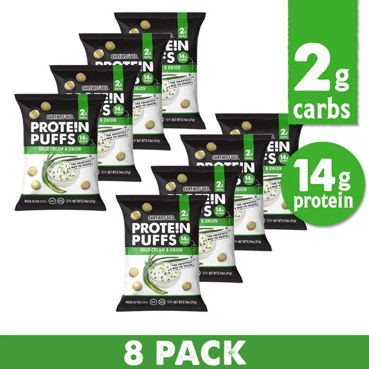 Shrewd Food Protein Puffs - High Protein, Low-Carb, Gluten-Free, Health Conscious Snacks, Keto Snacks, Non GMO, Soy-Free, Peanut-Free, Never Fried - Sour Cream and Onion,  (Pack of 8)