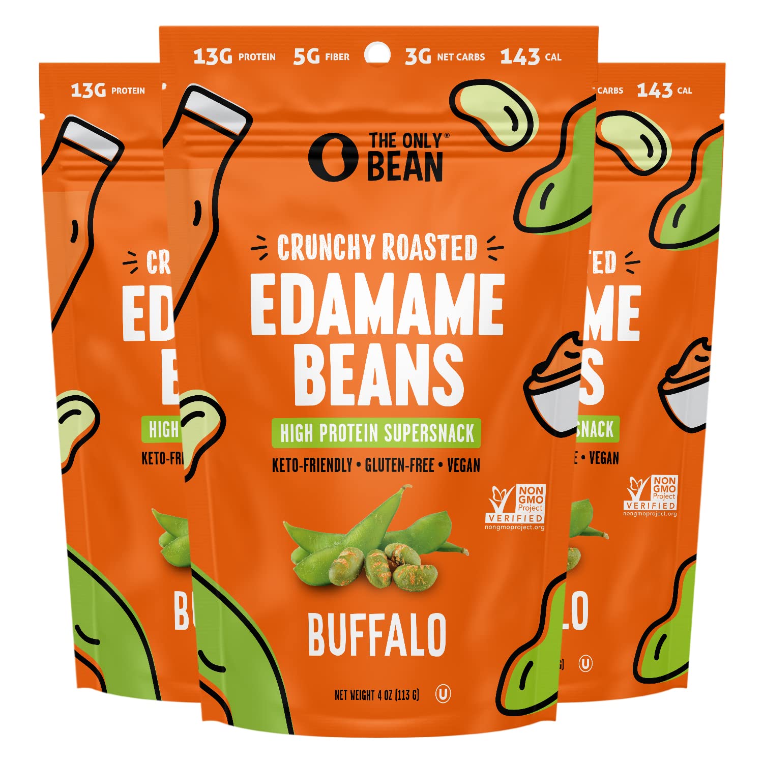 Crunchy Roasted Edamame Beans (Buffalo) - Keto Snacks (3g Net) - High Protein Healthy Snacks (13g Protein) - Low Carb & Calorie, Gluten-Free Snack, Vegan Keto Food - (3 Pack)