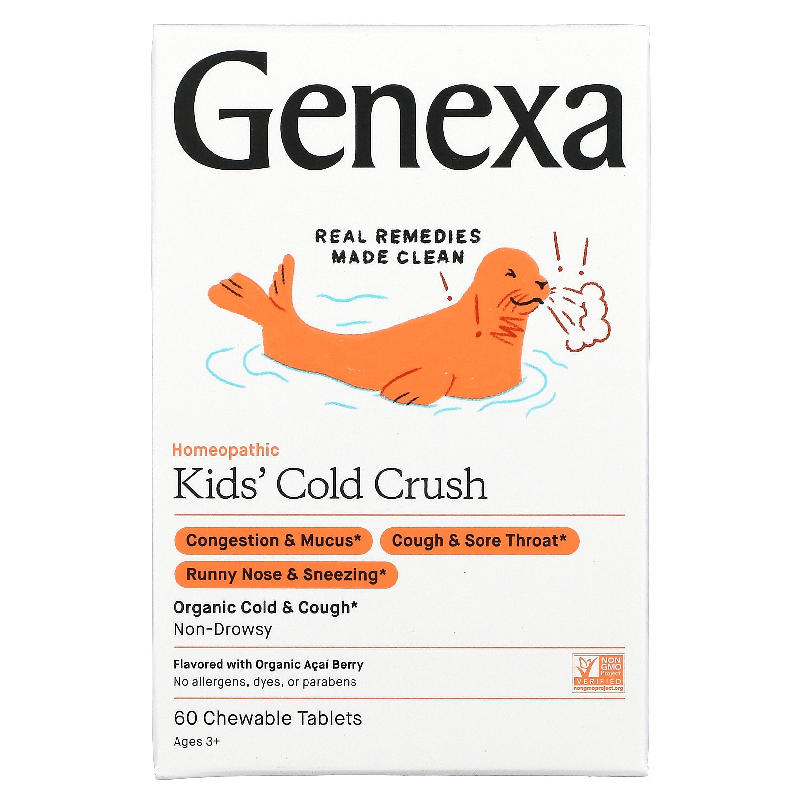 Genexa, Kids? Cold Crush, Cold & Cough, Ages 3+, Organic Acai Berry Chewable Tablets