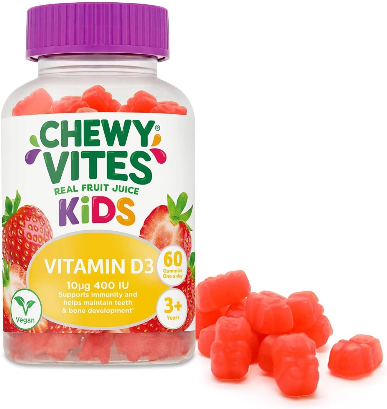 Chewy Vites Kids, High Strength Vit D3 60 Gummy Vitamins 10 Micrograms180 Grams
