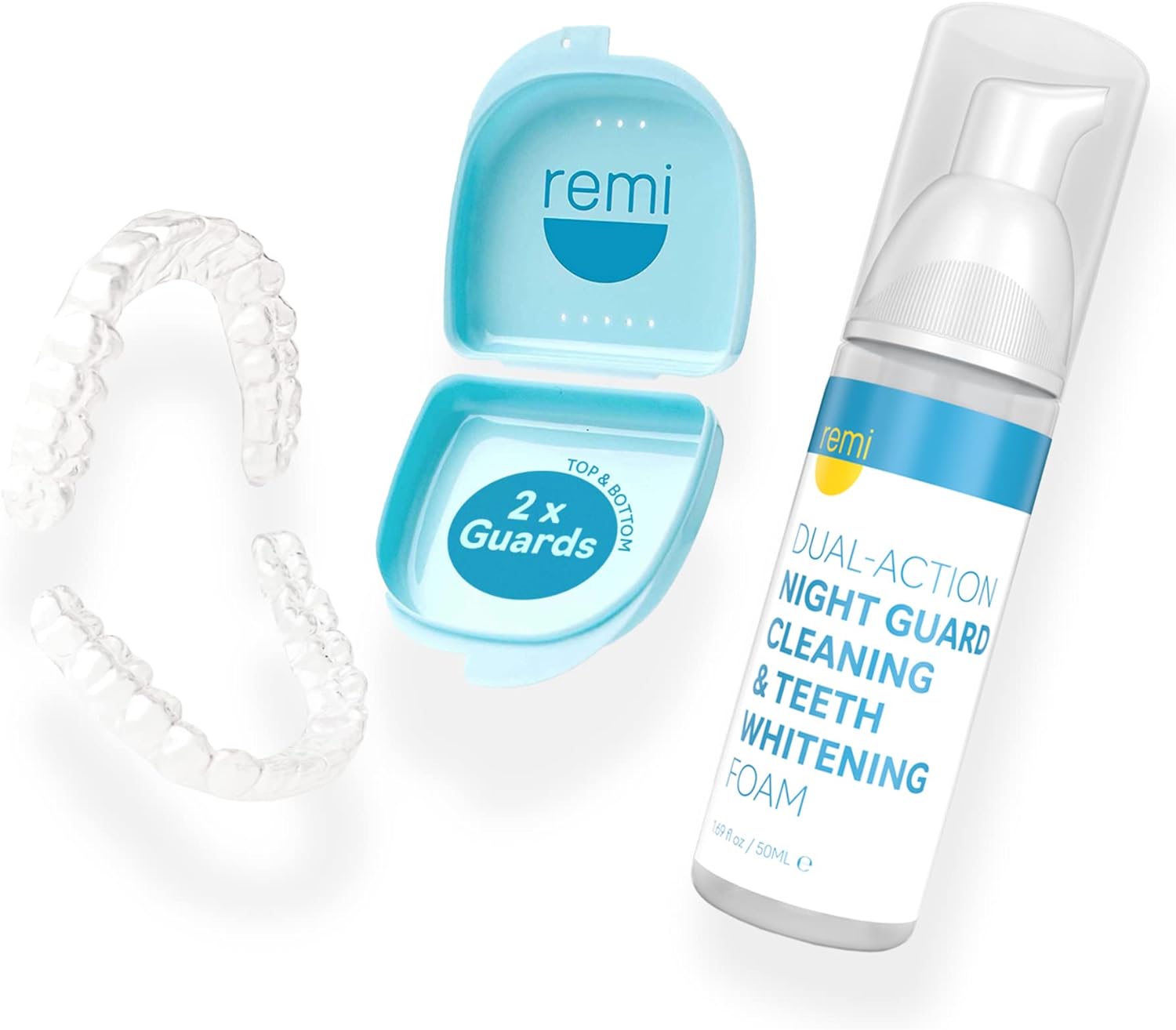 Remi at-Home Two Custom Night Guards, Whitening and Guard Cleaner in One -The Best Fitting Top and Bottom Mouthguards and Whitening 50