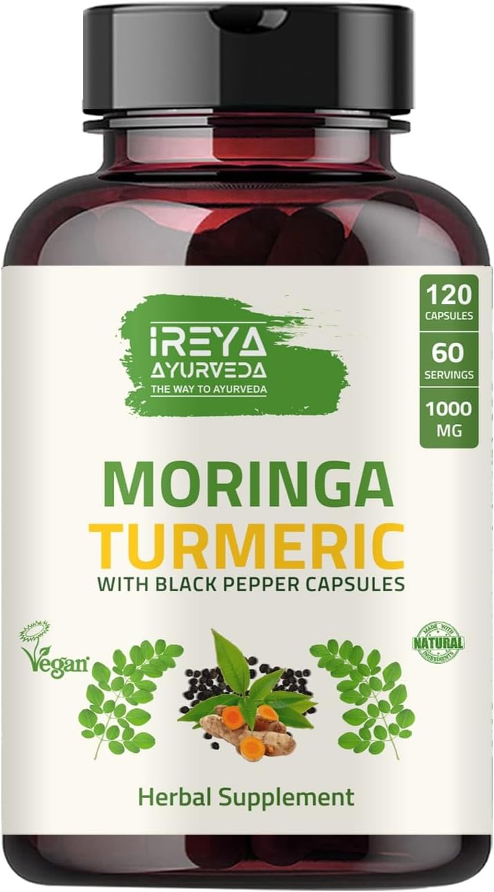 Organic Moringa Oleifera Powder & Turmeric Root Powder With Blackpepper 120 Capsules | Made With Organic Moringa, Turmer