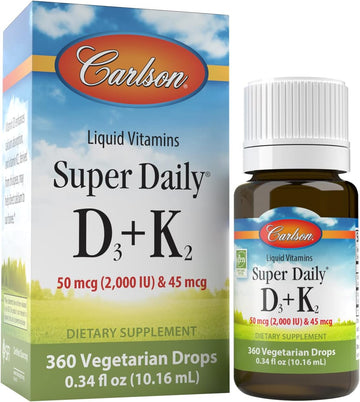 Carlson Super Daily D3 + K2, 50 mcg D3 + 45 mcg MK-7, Heart & Bone Health, 360 Liq Drops, 10.16 ml