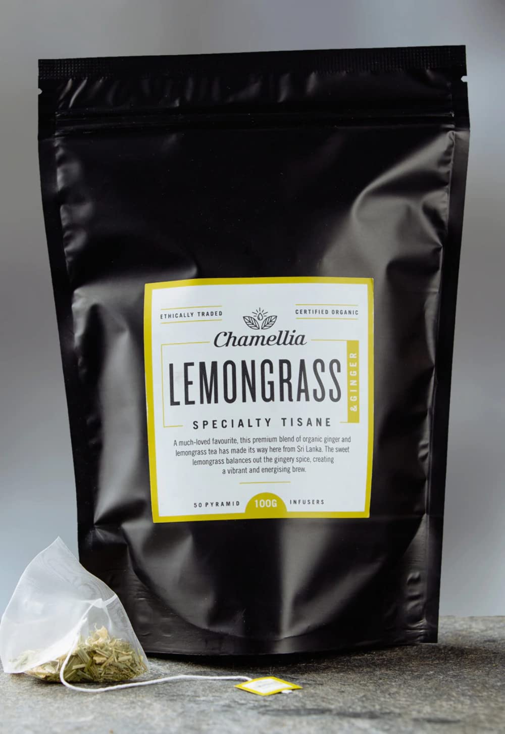 Chamellia Organic Lemongrass & Ginger Tea - 50 x Pyramid Tea Bags in a Pouch (No Camellia Sinensis, Caffeine Free) Single unit