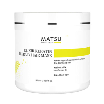 Matsu Elixir Keratin Therapy Hair Mask with Walnut and Sunower Oil. Nourishing Conditioner for Damaged Hair. Repairs and Conditions. Adds Shine and Brightness