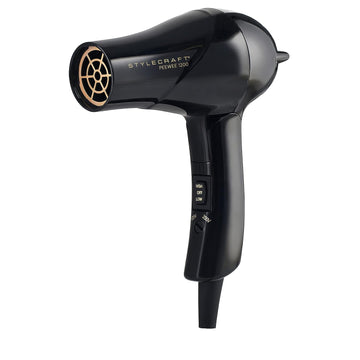 StyleCraft Peewee Dryer Tri-Plex Fusion for Silky Hair, Folding Handle, Lightweight & Portable, Concentrator Nzle & Diffuser Attachments, Travel Bag