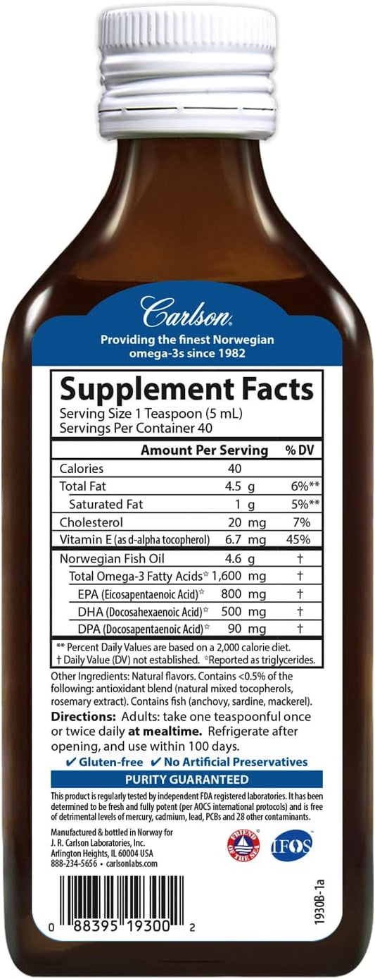 Carlson - The Very Finest Fish Oil, 1600 mg Omega-3s, Liquid Fish Oil Supplement, Norwegian Fish Oil, Wild-Caught, Susta