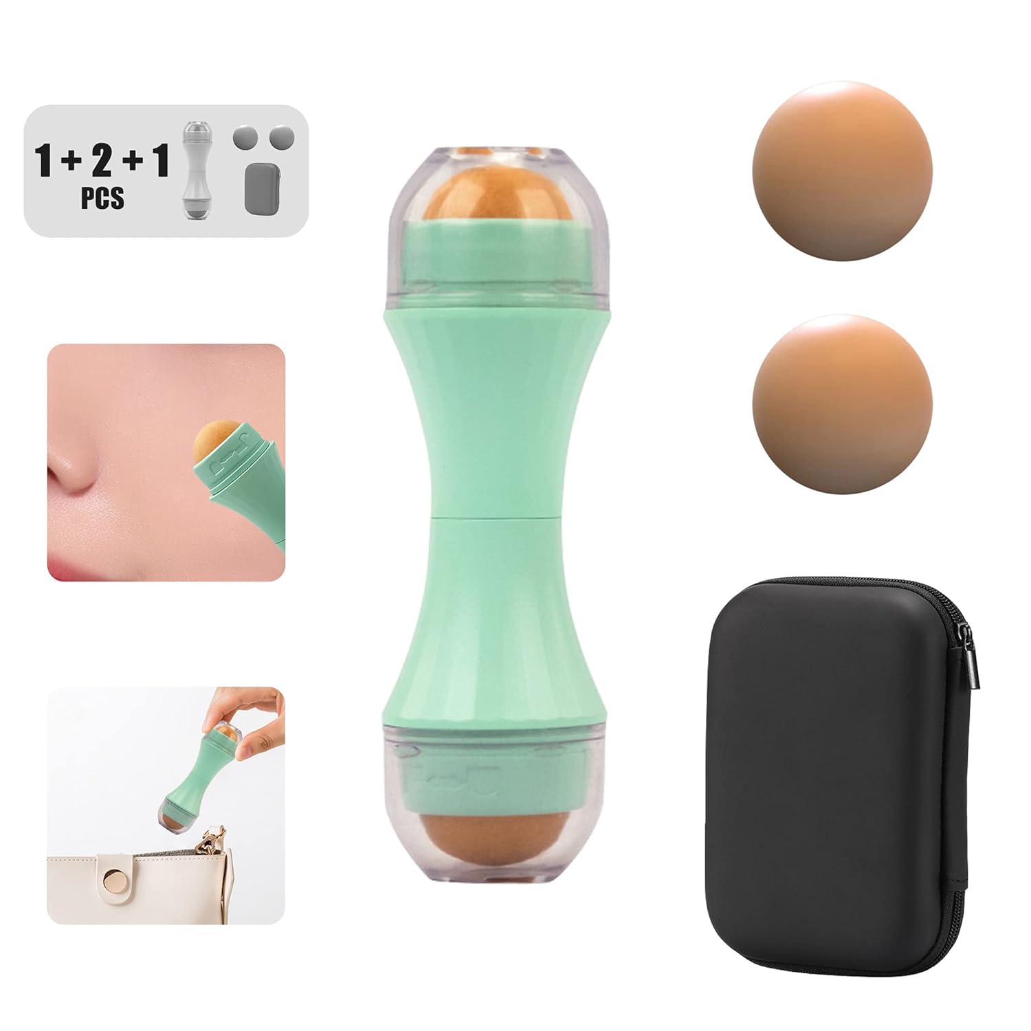 Oil Absorbing Volcanic Roller,Facial Oil Resistant Rolling Stone Ball,Face Oily Skin Control Tool,Instant Results,Remove Excess Shiny,Double-end/Reusable/Washable/Replaceable(2 Extra Balls Included)