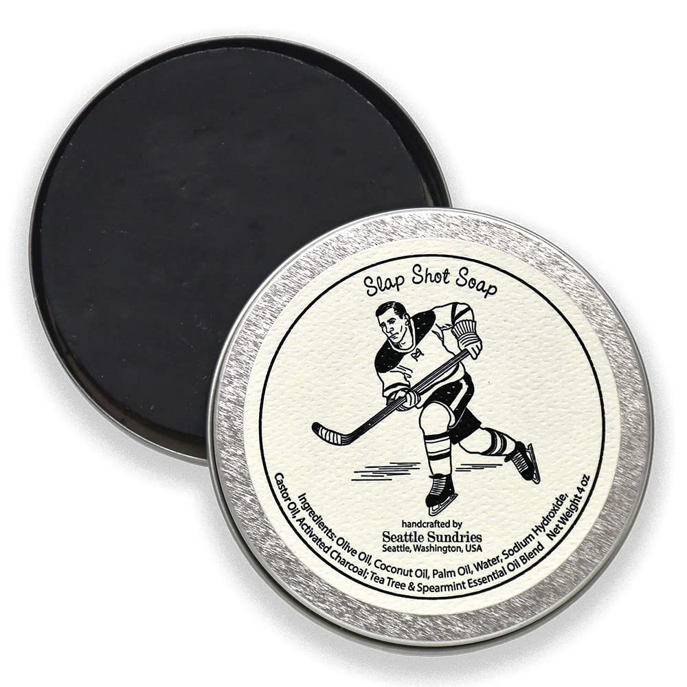 Seattle Sundries | Slap Shot Hockey Soap - 1 (4) Hand Made Odor Fighting Activated Charcoal Bar Soap in a Recyclable Travel Tin - Hockey Team Gift Idea