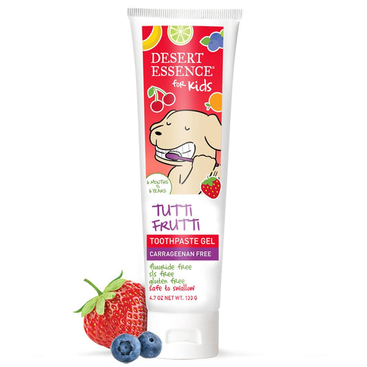 Desert Essence, Tutti Frutti Toothpaste Kids Gel, 4.7 . - Safe to Swallow, uoride Free, SLS Free, Gluten-Free, Vegan, Plant Powered Formula, Great Tasting, Removes Plaque and Buildup