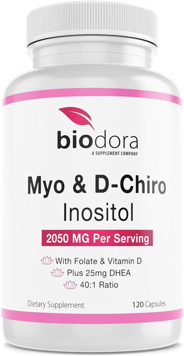 Biodora Myo& D-Chiro Inositol Supplement, with Folate and Vitamin D, 40 to 1 Ratio, Includes DHEA, Helps in Hormone Bala