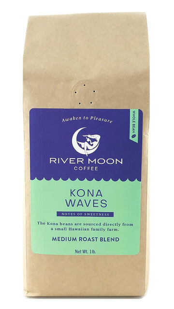 River Moon Coffee, Kona Coffee Whole Bean, Medium Roast, Kona Waves Hawaiian Coffee Blend, Sustainably Farmed, 100% Arabica