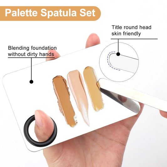 Makeup Spatula and Stainless Steel Palette Set, Including Stainless Steel Makeup Spatula Korean for Professional, Makeup Mixing Palette for Eye Shadow/Eyelash/Nail Art/Foundation, Foundation Palette Spatula Kit