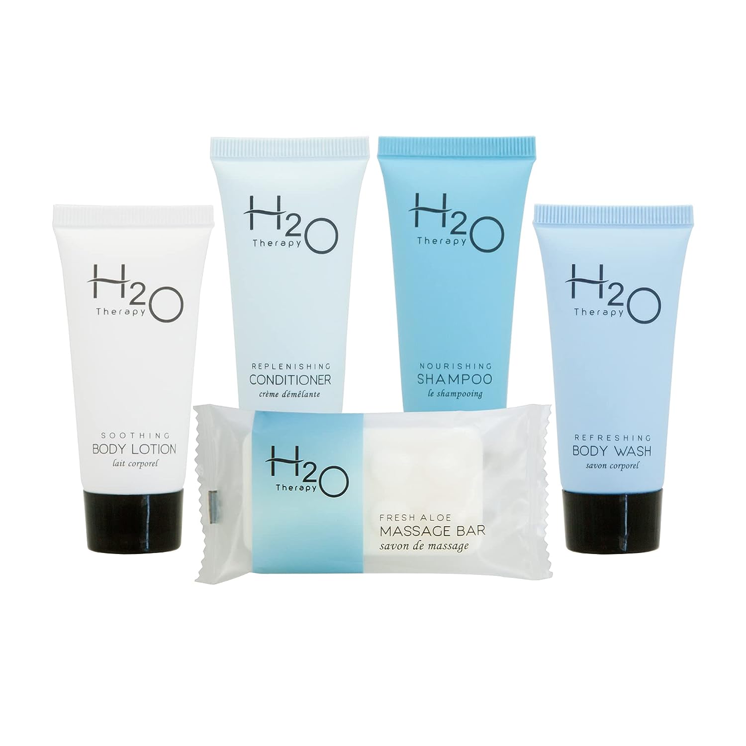 H2O Therapy Hotel Soaps and Toiletries Bulk Set | 1-Shoppe All-In-Kit Amenities for Hotels & Airbnb | .85 Hotel Shampoo & Conditioner, Body Wash, Body Lotion & 1  Bar Soap Travel Size | 300 Pieces