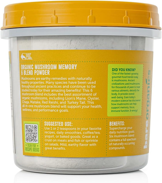 BareOrganics Mushroom Memory 6 Blend Powder, Non-GMO & Gluten-Free, Ma