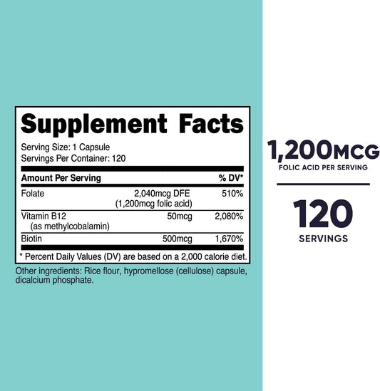 Nutricost Folic Acid for Women (Vitamin B9) 1200 mcg, 120 Capsules, with B12 and Biotin, Veggie Caps, Non-GMO & Gluten Free