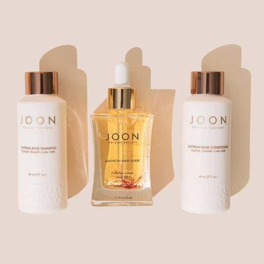 Joon Moisturizing Travel Size Gift Set | Saffron Hair Elixir (1.11  ), Saffron Rose Shampoo (2  ) and Conditioner (2  )