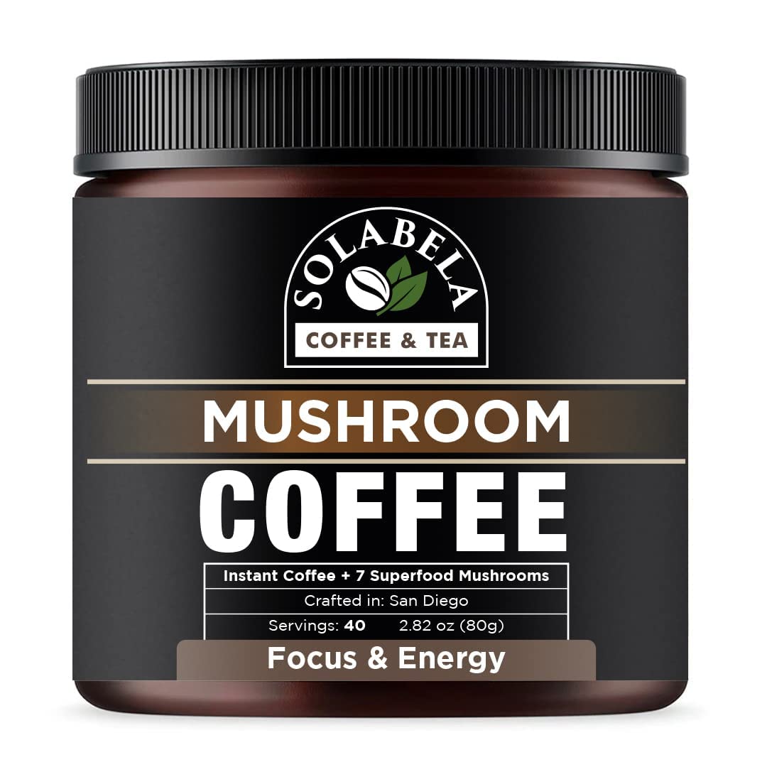 Solabela Coffee Organic Mushroom Coffee (38 Servings) with 7 Superfood Mushrooms, Great Tasting Arabica Instant Coffee, Includes Lion's Mane, Reishi, Chaga, Cordyceps, Shiitake, Mitake, and Turkey Tail