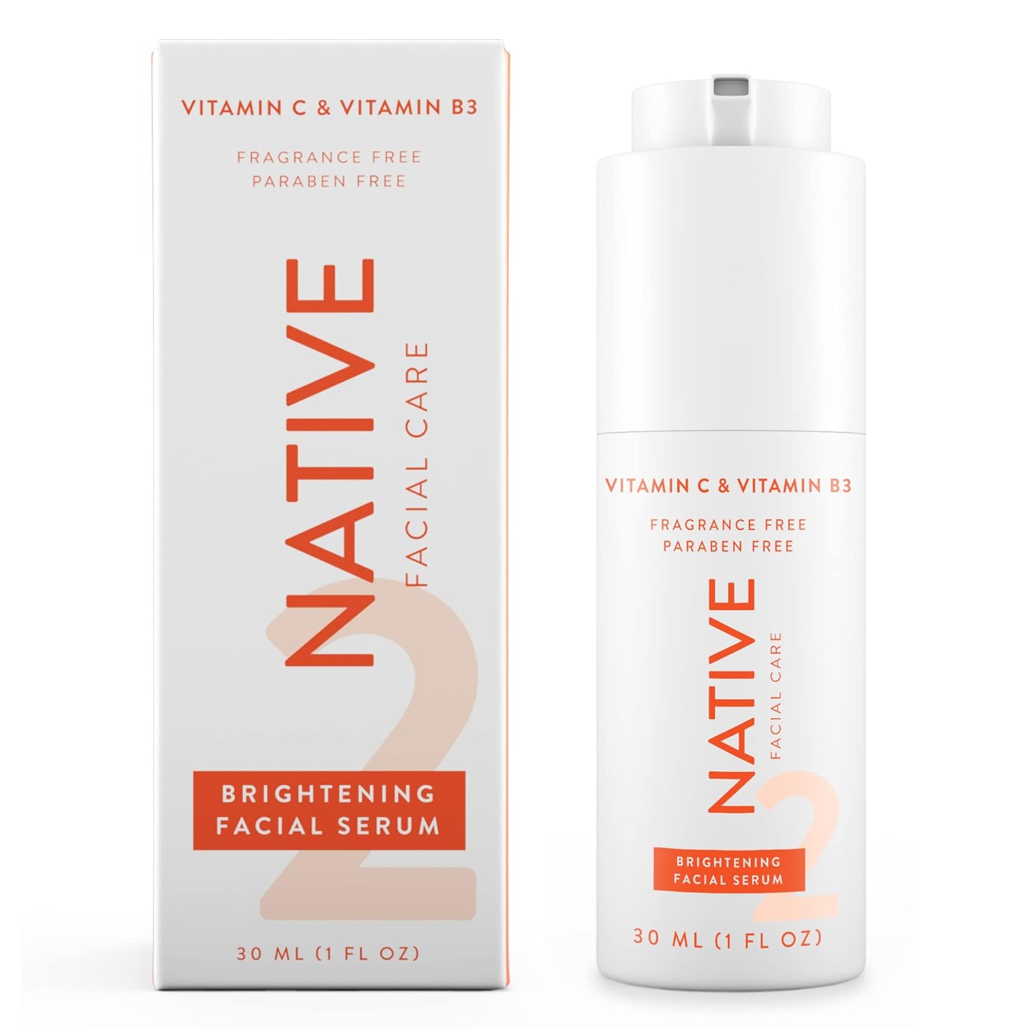 Native Brightening Facial Serum, Hydrating Serum with Vitamin C and Niacinamide, Vitamin B3, Revitalize and Repair Your Skin, Fragrance-Free, 30, 1