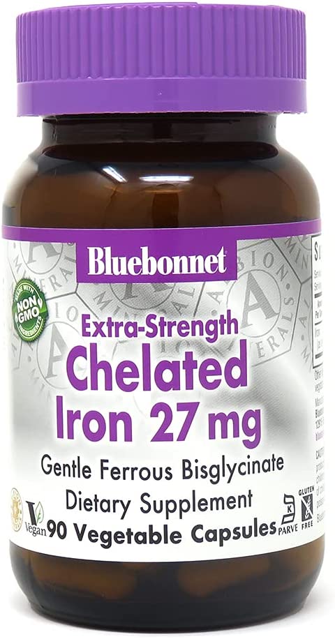 Bluebonnet Nutrition Albion Extra-Strength Chelated Iron 27 mg, For Healthy Red Blood Cell production*, Soy-Free, Gluten-Free, Non-GMO, Kosher, Dairy-Free, Vegan, 90 Vegetable Capsule, 90 Serving
