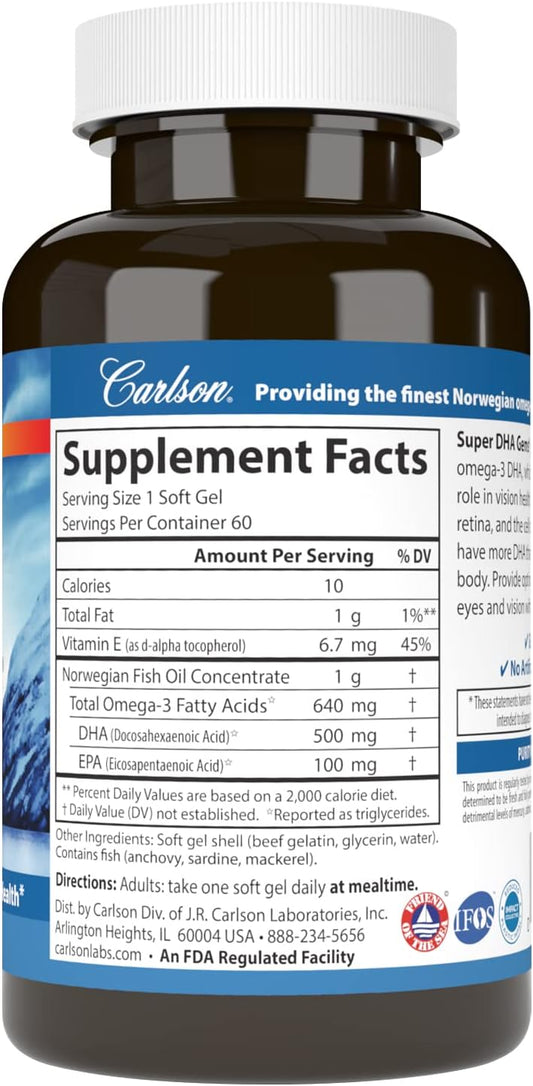 Carlson - Super DHA Gems, 500 mg DHA Supplements, Norwegian Fish Oil Concentrate, Wild-Caught, Sustainably Sourced Fish Oil Capsules, Cognitive Health, 60 Softgels