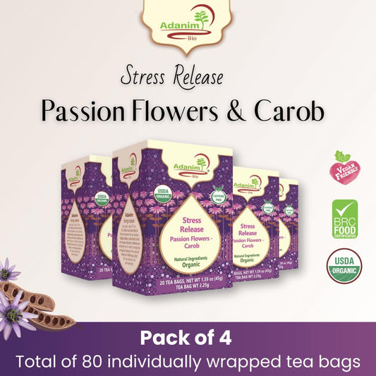 Adanim Bio Passion Flower Tea, Value Pack 80 Teabags, Stress Relief Tea, Passionflower Tea Bags, Caffeine Free Pasiflora Tea for Calming and Reducing Stress (4 pack)