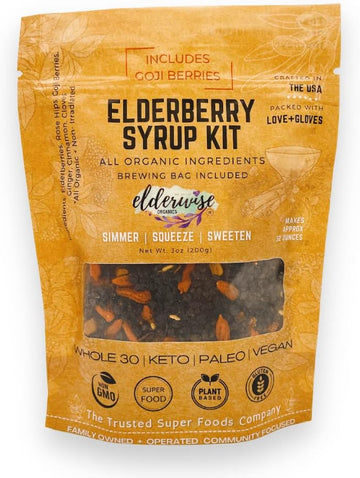 Elderwise Organics Elderberry Syrup Kit (Goji Blend) Ningxia Berry - Brew Bag Included - Organic Elderberries - Rosehips