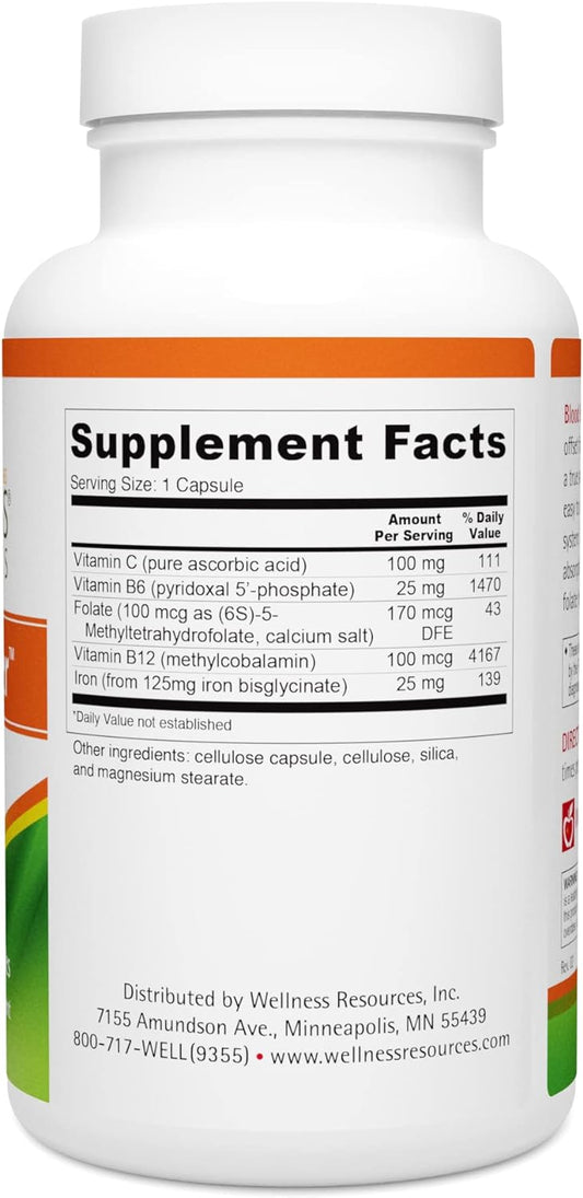 Blood Booster Iron Supplement For Energy And Fatigue - Gentle, Non-Constipating Iron, Methylfolate And Other Coenzyme B Vitamins (180 Caps - Vegan, Gluten Free, Non-Gmo)