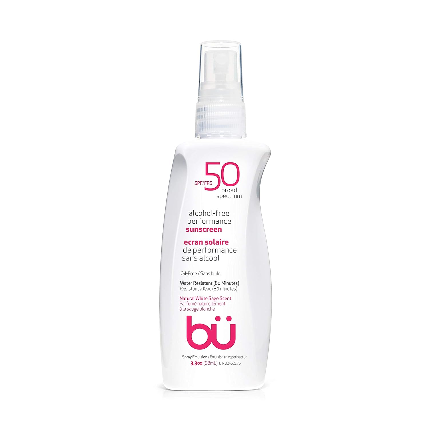 Sunscreen Spray SPF 50 by Bu - Travel Size Organic Biodegradable Sun Block for Sensitive Skin - Oil-Free, Alcohol-Free, Non Comedogenic, Water-Resistant (White Sage, 3.3 )