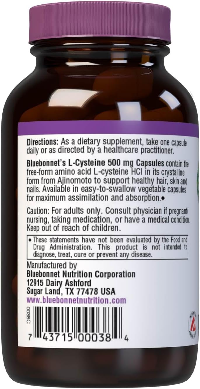 Bluebonnet Nutrition L-Cysteine 500mg, Free-Form Amino Acid, Promotes 