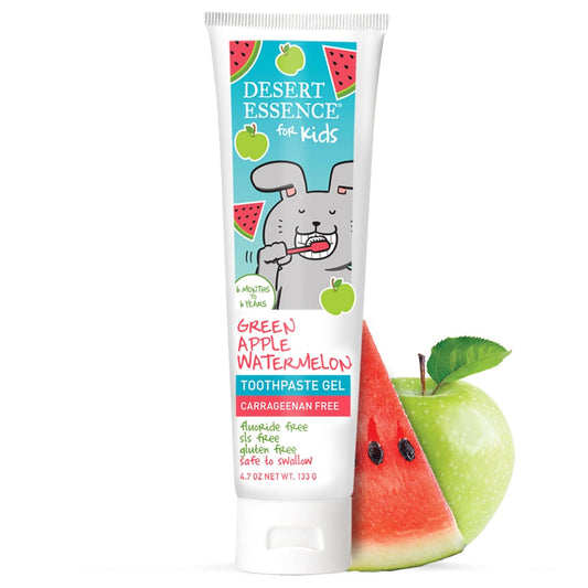 Desert Essence, Green Apple Watermelon Toothpaste Kids Gel, 4.7 . - Safe to Swallow, uoride Free, SLS Free, Gluten-Free, Vegan, Plant Powered Formula, Great Tasting, Removes Plaque and Buildup