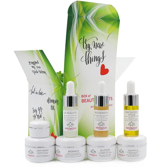 Sweetsation Therapy / YUNASENCE Box of Beauty Secrets. Travel collection of 8 Key Products. Facial Hyaluronic acid Serum, Facial Oil, Multi Vitamin Serum, Anti aging moisturizer, Eye cream