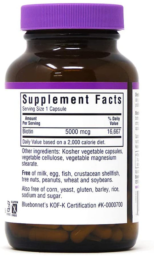 Bluebonnet Nutrition Biotin 5000 Mcg Vegetable Capsules, Biotin is a B Vitamin That Helps Make Keratin, Vegan, Vegetarian, Non GMO, Gluten Free, Soy Free, Milk Free, Kosher