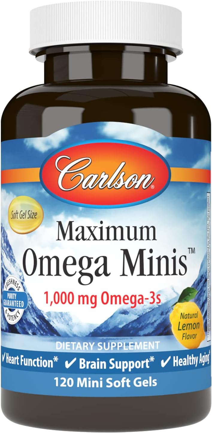 Carlson - Maximum Omega Minis, 1000 mg Omega-3s, Heart Function, Brain Support & Healthy Aging, Lemon, 120 Mini Softgels