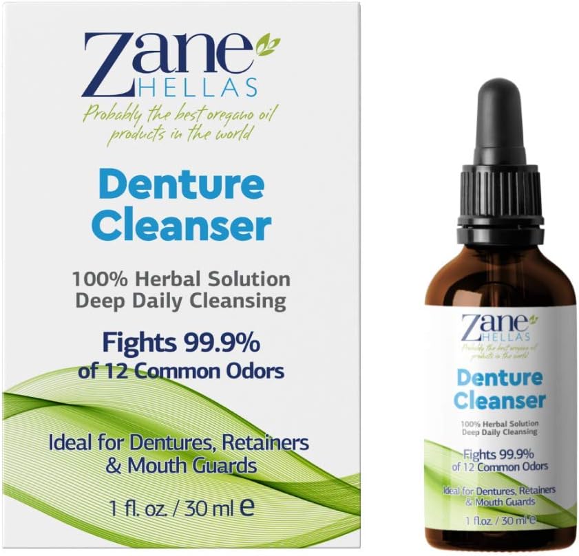 Zane Hellas Denture Cleaner. Oregano Oil Power. Ideal for Dentures, Retainers, Braces, Mouth Guards. Helps Remove Plaque, Tartar, Stains and Bad Odor. 100% Herbal Solution. 1 ..-30