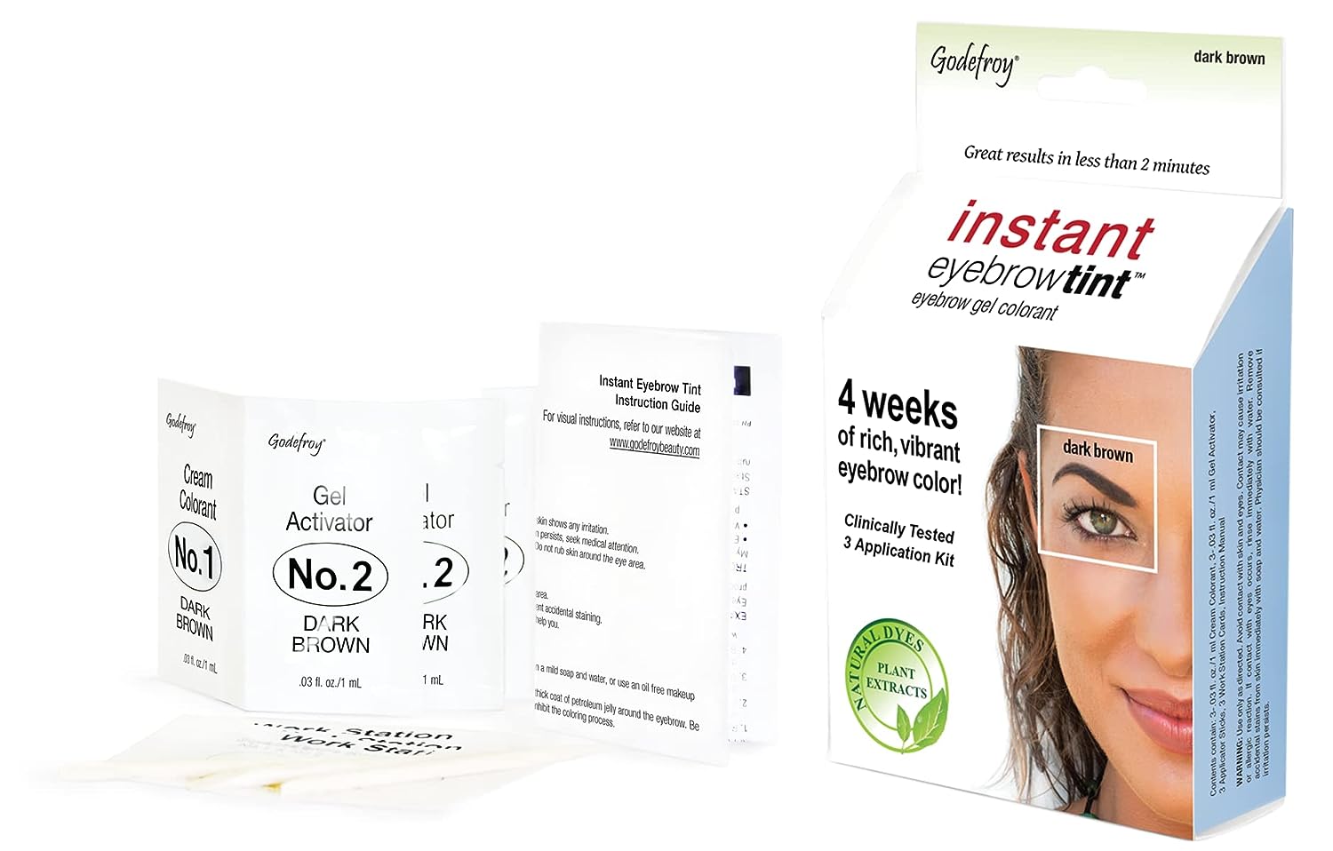 Godefroy Instant Eyebrow Color, Dark Brown, .18 s, 12-weeks of long lasting brow color, 3-applications per kit