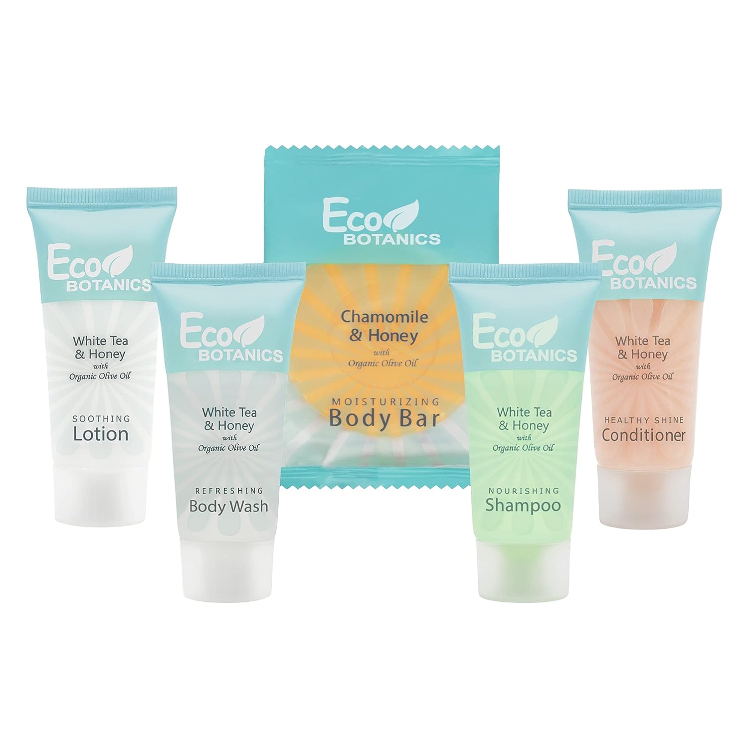 Terra Pure Eco Botanics Hotel Soaps and Toiletries Bulk Set | 1-Shoppe All-In-Kit Amenities for Hotels |0.85 Shampoo & Conditioner, Body Wash, Body Lotion & 0.89 Bar Soap Travel Size | 75 Pieces