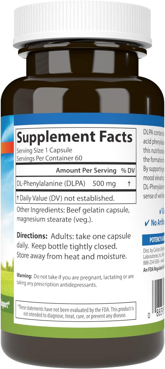 Carlson - DLPA DL-Phenylalanine, 500 mg, Promotes Healthy Nervous & Endocrine Systems, 60 Capsules