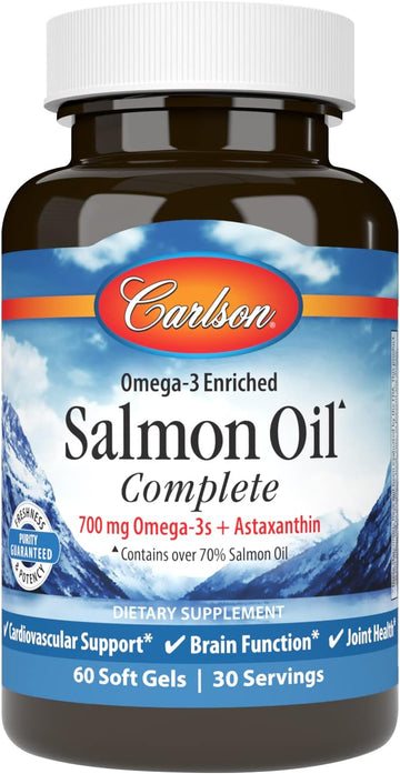Carlson - Salmon Oil Complete, 700 mg Omega-3s + Astaxanthin, Cardiovascular Support, Brain Function & Joint Health, 60
