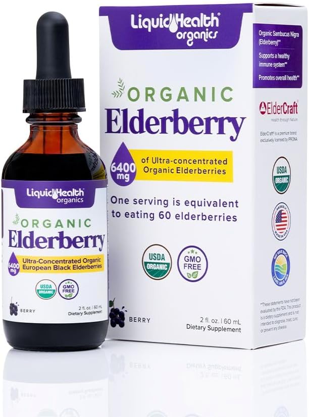 LIQUIDHEALTH USDA Organic Elderberry Liquid Drops for Kids and Adults