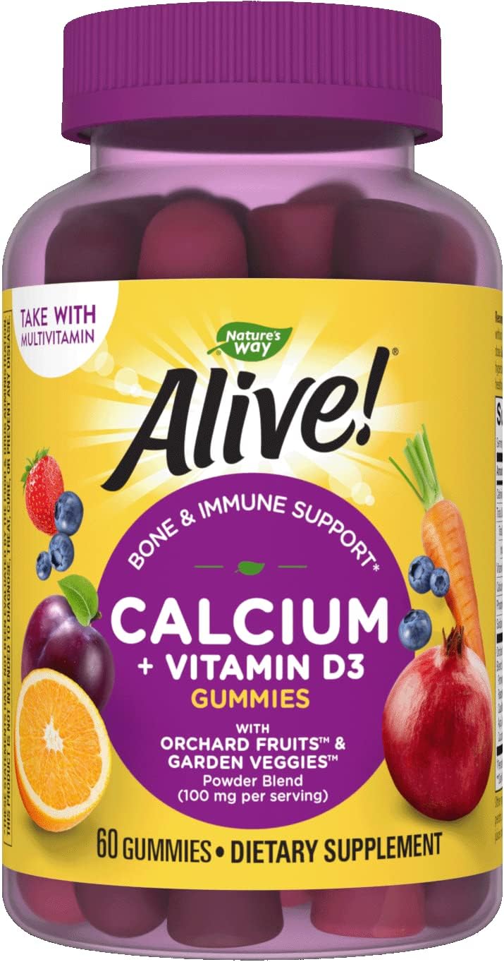 Nature's Way Alive! Premium Calcium + D3 Gummies, Supports Healthy Bones & Muscles*, Strawberry and Raspberry Lemonade avored, 60 Gummies