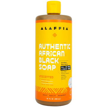 Alaffia Skin Care, Authentic African Black Soap, All in One Liquid Soap, Moisturizing Face Wash, Sensitive Skin Body Wash, Shampoo, Shaving Soap, Shea Butter, Unscented, 32