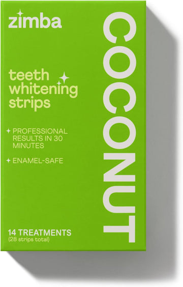 Zimba Coconut avored Teeth Whitening Strips | Vegan, Enamel Safe Hydrogen Peroxide Teeth Whitener for Coffee, Wine, Tobacco, and Other Stains | 14 Day Treatment | Coconut