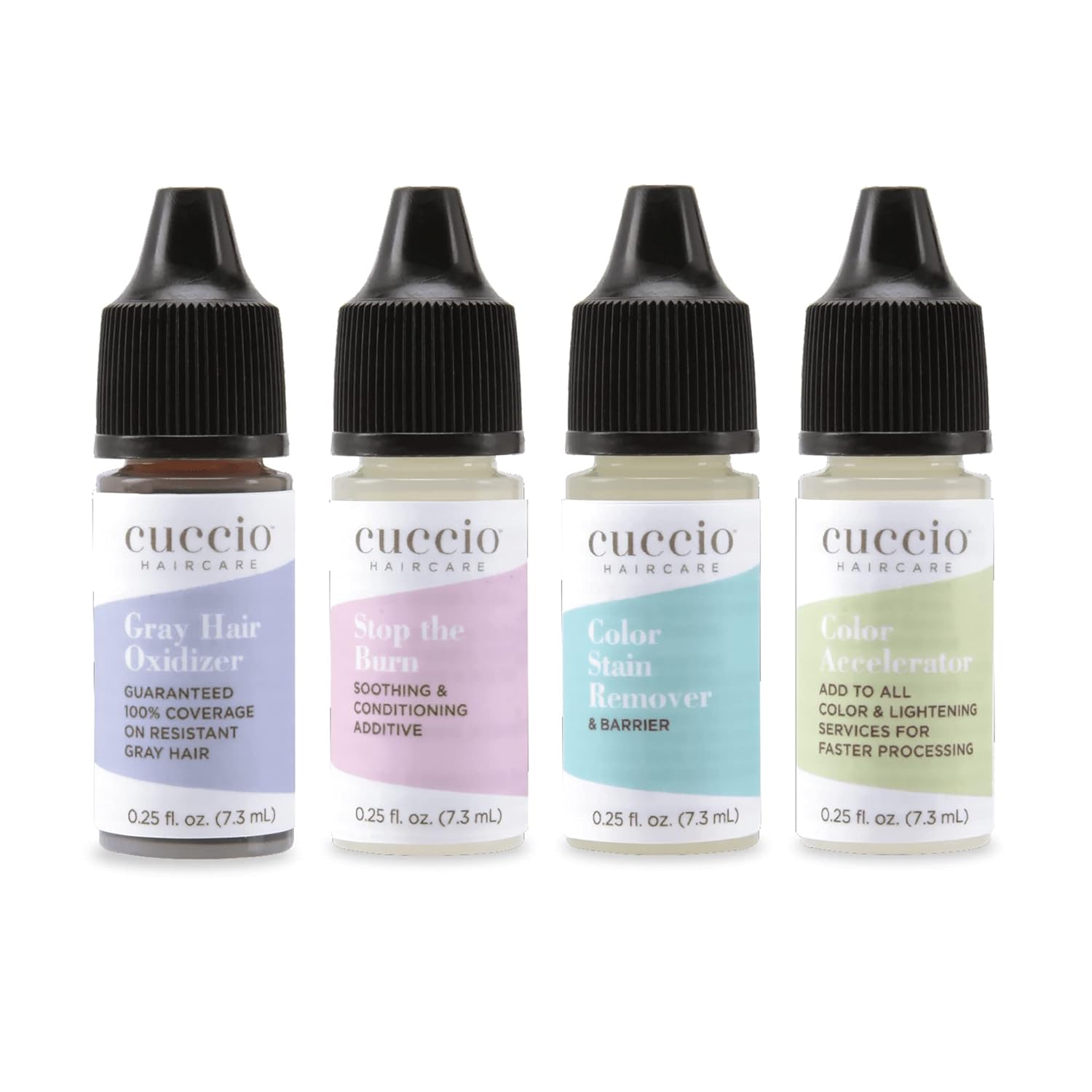 Cuccio Haircare Try Me Collection Kit - Hair Coloring Essentials - Includes Stop The Burn And Gray Hair Oxidizer Treatments - Gluten And Paraben Free - Suitable For Travel - 0.25  Each - 4 Pc