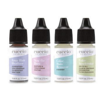 Cuccio Haircare Try Me Collection Kit - Hair Coloring Essentials - Includes Stop The Burn And Gray Hair Oxidizer Treatments - Gluten And Paraben Free - Suitable For Travel - 0.25  Each - 4 Pc