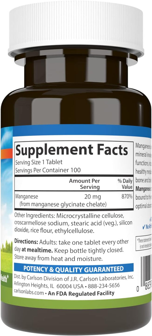 Carlson - Chelated Manganese, 20 mg, Superior Absorption, Healthy Metabolism, Bone Support & Brain Health, 100 Tablets