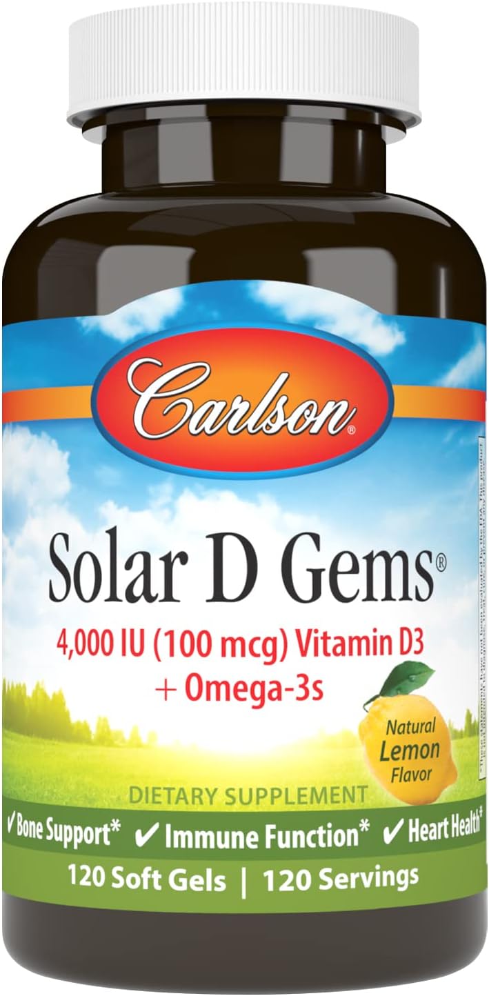 Carlson - Solar D Gems, Vitamin D3 and Omega-3 Supplement, 4000 IU (100 mcg) D3, 115 mg Omega-3 EPA and DHA, Vitamin D Fish Oil Capsule, Bone & Immune Health, Vitamin D Supplement, Lemon, 120 Softgels