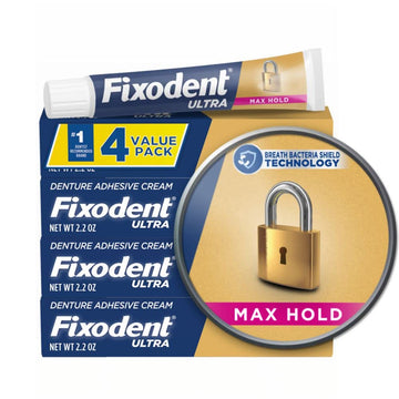 Fixodent Ultra Max Hold Secure Denture Adhesive Cream for Full and Partial Denture Wearers, 2.2 (Pack of 4)