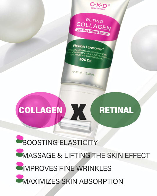 CKD Retino Collagen Small Molecule 300 Guasha Lifting Serum, Puffiness Relief & Firming, Plumping & Cooling Gel Formula with Stainless Steel Roller Massager, 1.69 .