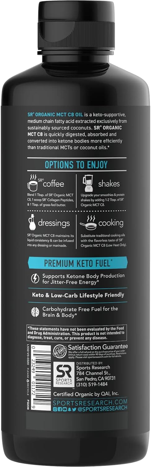 Sports Research Organic MCT Oil - Vegan & Keto C8, MCTs from Coconuts 